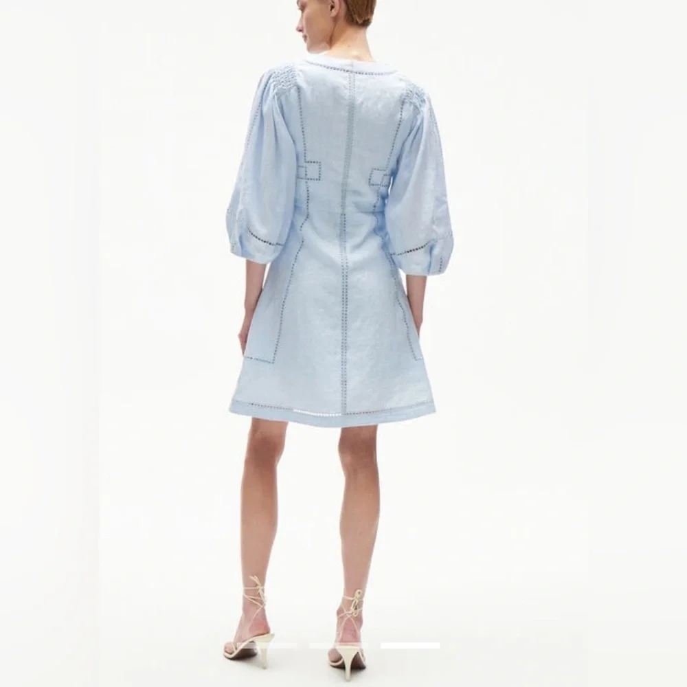 Figue Verna Linen embroidered dress soft blue NWT